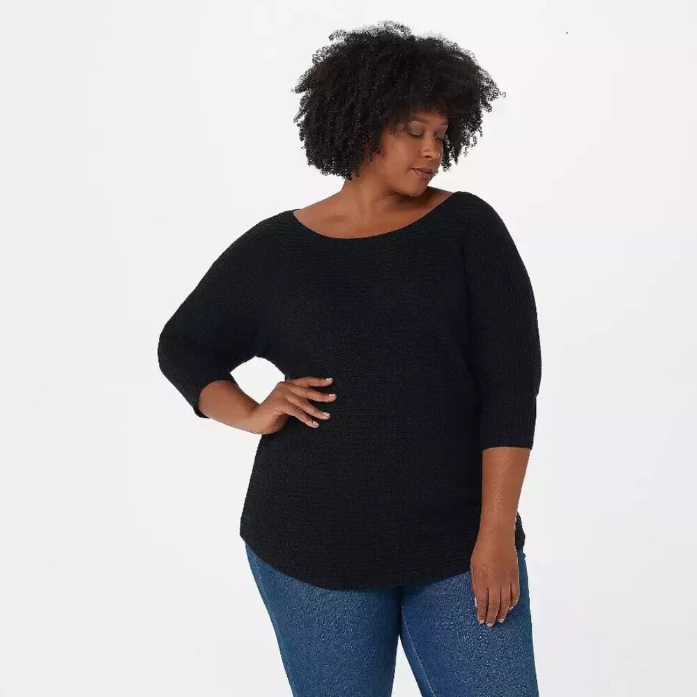 Isaac Mizrahi Live! Dropped Shoulder Ribbed Stitch Sweater-Black-1X-NEW-A390287